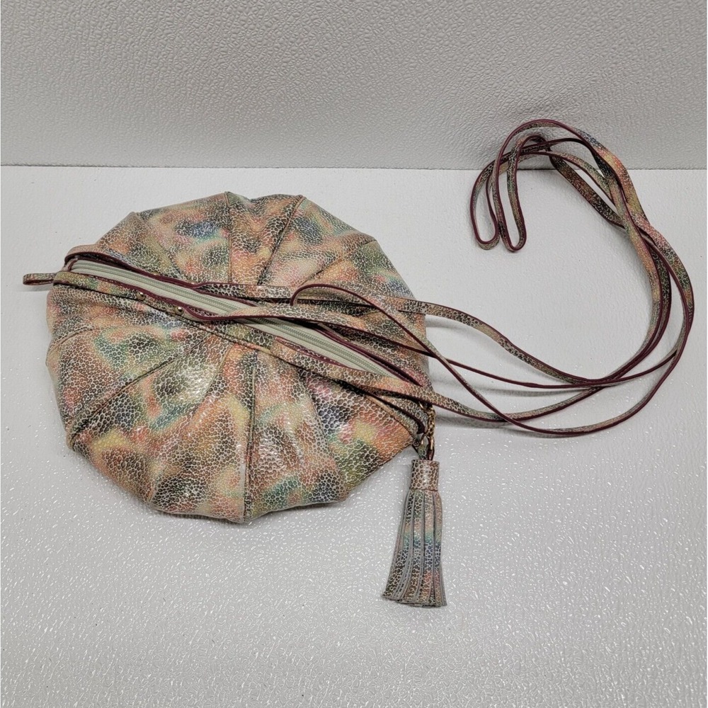 Sharif Round Circular Crossbody Bag Rainbow Spotted Scaly Pattern Leather